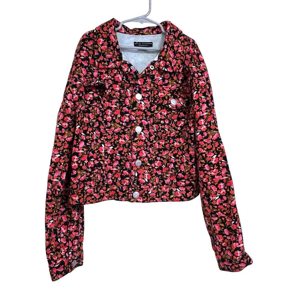 Denim Jacket Flowers Girls XL 14/16 Pink Black Cropped Trucker Sanctuary New